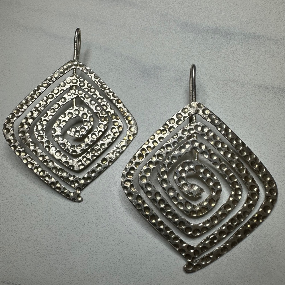 Hammered Sterling Silver Spiral Earrings Square Dangle Statement Jewelry 925